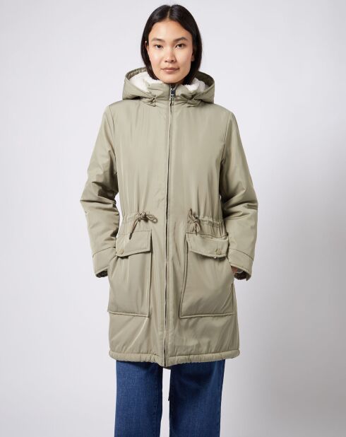 Manteau réversible doublé de fourrure synthétique sherpa à capuche amovible kaki/écru